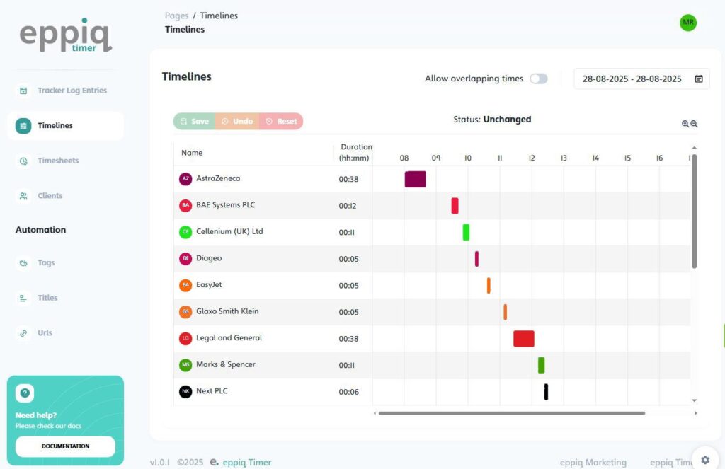 Automatic time sheets with colours for each client